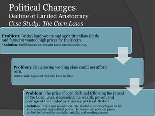 Political Changes:
    Decline of Landed Aristocracy
    Case Study: The Corn Laws
Problem: British landowners and agriculturalists (lords
and farmers) wanted high prices for their corn.
• Solution: Tariffs known as the Corn Laws established in 1815.




        Problem: The growing working class could not afford
        corn.
        • Solution: Repeal of the Corn Laws in 1846.




                 Problem: The price of corn declined following the repeal
                 of the Corn Laws, decreasing the wealth, power, and
                 prestige of the landed aristocracy in Great Britain.
                 • Solution: There was no solution. The landed aristocracy began its fall
                   from economic and political power. Economic and political power
                   shifted to the wealthy capitalist, middle, and working classes.
 