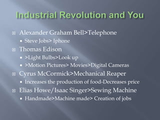    Alexander Graham Bell>Telephone
       Steve Jobs> Iphone
   Thomas Edison
       >Light Bulbs>Look up
       >Motion Pictures> Movies>Digital Cameras
   Cyrus McCormick>Mechanical Reaper
       Increases the production of food-Decreases price
   Elias Howe/Isaac Singer>Sewing Machine
       Handmade>Machine made> Creation of jobs
 