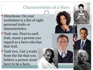 Characteristics of a Hero
Directions: On your
 worksheet is a list of eight
 personal traits or
 characteristics.
Task one: Next to each
 trait, name a person you
 regard as a hero who has
 that trait.
Task two: List 3 traits
 from the list that you
 believe a person must
 have to be a hero.
 