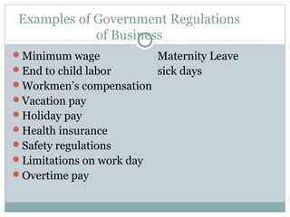 Examples of Government Regulations
             of Business
Minimum wage              Maternity Leave
End to child labor        sick days
Workmen’s compensation
Vacation pay
Holiday pay
Health insurance
Safety regulations
Limitations on work day
Overtime pay
 