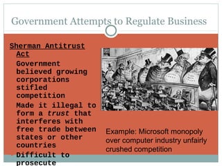 Government Attempts to Regulate Business

Sherman Antitrust
  Act
 Government
  believed growing
  corporations
  stifled
  competition
 Made it illegal to
  form a trust that
  interferes with
  free trade between   Example: Microsoft monopoly
  states or other      over computer industry unfairly
  countries
                       crushed competition
 Difficult to
  prosecute
 