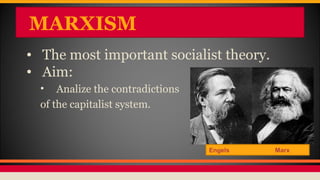 MARXISM
• The most important socialist theory.
• Aim:
• Analize the contradictions
of the capitalist system.
Engels Marx
 
