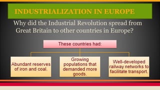 INDUSTRIALIZATION IN EUROPE
Why did the Industrial Revolution spread from
Great Britain to other countries in Europe?
 