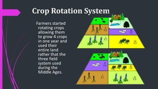 Crop Rotation System
Farmers started
rotating crops
allowing them
to grow 4 crops
in one year and
used their
entire land
rather that the
three field
system used
during the
Middle Ages.
 