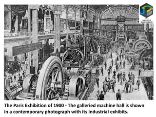 The Paris Exhibition of 1900 - The galleried machine hall is shown
in a contemporary photograph with its industrial exhibits.
 