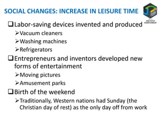 SOCIAL CHANGES: INCREASE IN LEISURE TIME
Labor-saving devices invented and produced
Vacuum cleaners
Washing machines
Refrigerators
Entrepreneurs and inventors developed new
forms of entertainment
Moving pictures
Amusement parks
Birth of the weekend
Traditionally, Western nations had Sunday (the
Christian day of rest) as the only day off from work
 