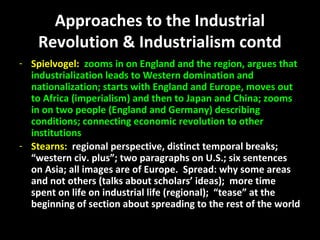 Approaches to the Industrial
Revolution & Industrialism contd
- Spielvogel: zooms in on England and the region, argues that
industrialization leads to Western domination and
nationalization; starts with England and Europe, moves out
to Africa (imperialism) and then to Japan and China; zooms
in on two people (England and Germany) describing
conditions; connecting economic revolution to other
institutions
- Stearns: regional perspective, distinct temporal breaks;
“western civ. plus”; two paragraphs on U.S.; six sentences
on Asia; all images are of Europe. Spread: why some areas
and not others (talks about scholars’ ideas); more time
spent on life on industrial life (regional); “tease” at the
beginning of section about spreading to the rest of the world
 