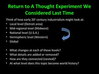 Return to A Thought Experiment We
Considered Last Time
Think of how early 20th
century industrialism might look at:
• Local level (Detroit area)
• Mid-regional level (Midwest)
• National level (U.S.A.)
• Hemispheric level (Western)
• Global
• What changes at each of these levels?
• What details are added or removed?
• How are they connected (nested)?
• At what level does this topic become world history?
 