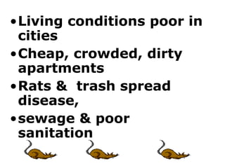•Living conditions poor in
 cities
•Cheap, crowded, dirty
 apartments
•Rats & trash spread
 disease,
•sewage & poor
 sanitation
 