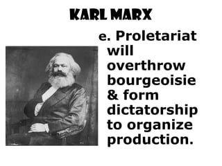 KARL MARX
   e. Proletariat
    will
    overthrow
    bourgeoisie
    & form
    dictatorship
    to organize
    production.
 