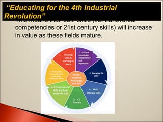 “Educating for the 4th Industrial
Revolution”This means that ‘soft’ skills (i.e. transversal
competencies or 21st century skills) will increase
in value as these fields mature.
 