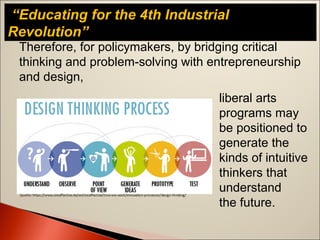 “Educating for the 4th Industrial
Revolution”
Therefore, for policymakers, by bridging critical
thinking and problem-solving with entrepreneurship
and design,
liberal arts
programs may
be positioned to
generate the
kinds of intuitive
thinkers that
understand
the future.
 