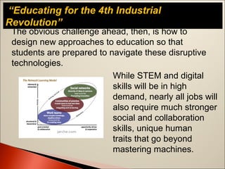“Educating for the 4th Industrial
Revolution”
The obvious challenge ahead, then, is how to
design new approaches to education so that
students are prepared to navigate these disruptive
technologies.
While STEM and digital
skills will be in high
demand, nearly all jobs will
also require much stronger
social and collaboration
skills, unique human
traits that go beyond
mastering machines.
 