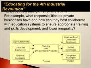 “Educating for the 4th Industrial
Revolution”
2. Education and Skills for the 4th IR
For example, what responsibilities do private
businesses have and how can they best collaborate
with education systems to ensure appropriate training
and skills development, and lower inequality?
 