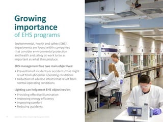 Growing
importance
of EHS programs
Environmental, health and safety (EHS)
departments are found within companies
that consider environmental protection
and health and safety at work to be as
important as what they produce.
EHS management has two main objectives:
• Prevention of incidents or accidents that might
result from abnormal operating conditions
• Reduction of adverse effects that result from
normal operating conditions
Lighting can help meet EHS objectives by:
• Providing effective illumination
• Improving energy efficiency
• Improving comfort
• Reducing accidents
10 September 2015, Industry lighting presentation
 