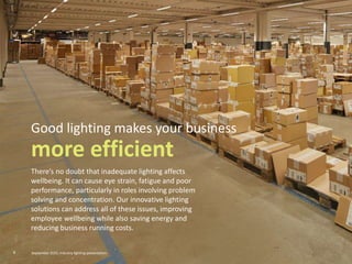 There’s no doubt that inadequate lighting affects
wellbeing. It can cause eye strain, fatigue and poor
performance, particularly in roles involving problem
solving and concentration. Our innovative lighting
solutions can address all of these issues, improving
employee wellbeing while also saving energy and
reducing business running costs.
Good lighting makes your business
more efficient
8 September 2015, Industry lighting presentation
 