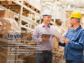 When you choose Philips as a lighting partner,
you have everything in one package – one
specialist lighting consultancy, one complete
lighting system, one manufacturer and one
warranty. Every system carries our standard
commitment guarantee that can be extended
for up to 10 years.
Our promise
to you
17 September 2015, Industry lighting presentation
 