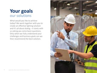 What would you like to achieve
today? We work together with you to
create an effective lighting solution
and it’s all about dialog – it starts with
us asking you some basic questions.
Only when we fully understand your
challenges and business goals can we
then recommend the best solution.
19
Your goals
our solutions
19 September 2015, Industry lighting presentation
 