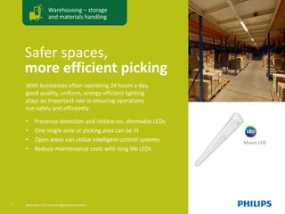 Safer spaces,
more efficient picking
Warehousing – storage
and materials handling
With businesses often operating 24 hours a day,
good quality, uniform, energy efficient lighting
plays an important role in ensuring operations
run safely and efficiently.
• Presence detection and instant-on, dimmable LEDs
• One single aisle or picking area can be lit
• Open areas can utilize intelligent control systems
• Reduce maintenance costs with long life LEDs
Maxos LED
4 September 2015, Industry lighting presentation
 