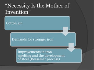 “Necessity Is the Mother of
Invention”
Cotton gin
Demands for stronger iron
Improvements in iron
smelting and the development
of steel (Bessemer process)
 