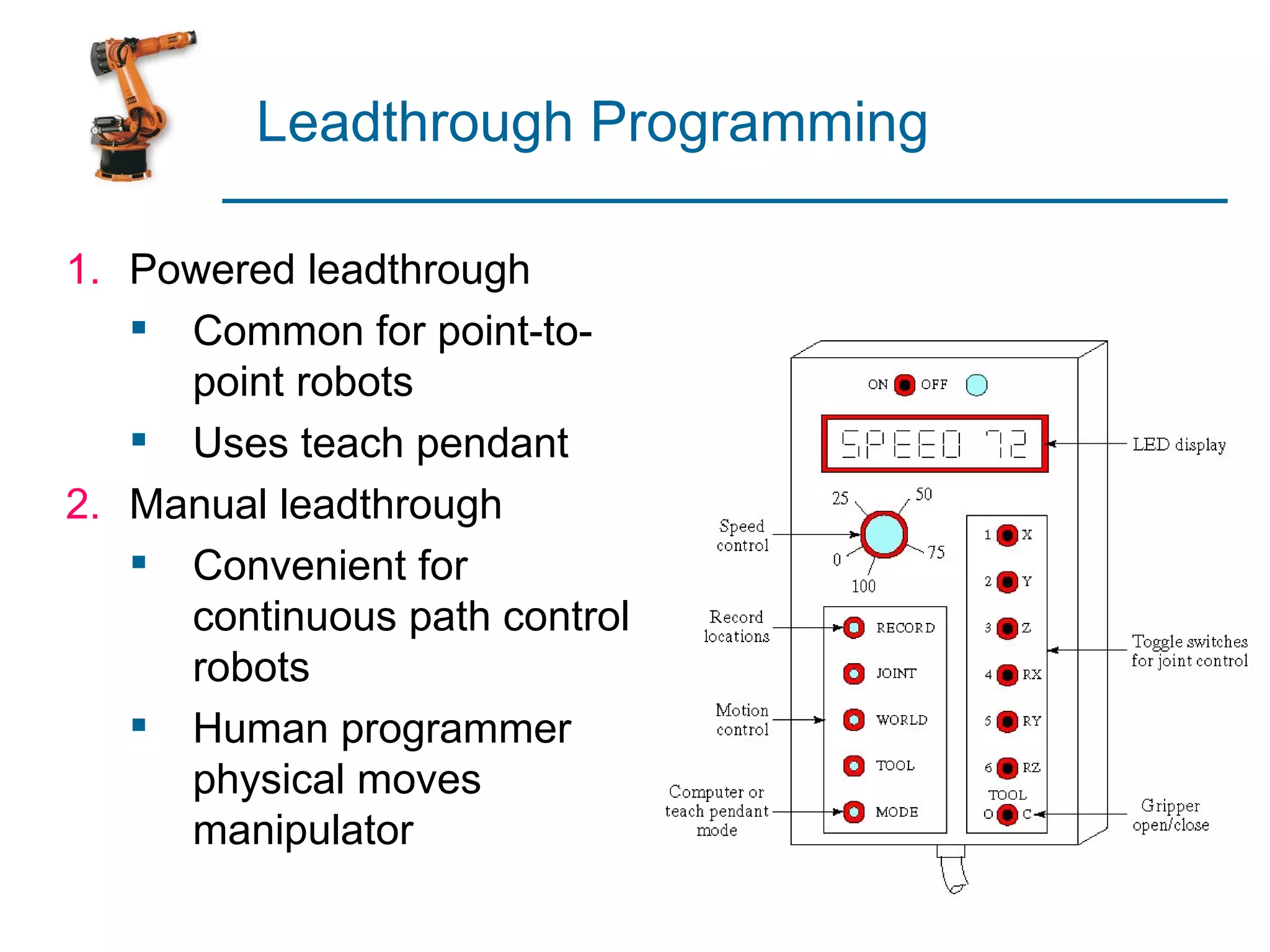 Leadthrough Programming

1. Powered leadthrough
    Common for point-to-
     point robots
    Uses teach pendant
2. Manual leadthrough
    Convenient for
     continuous path control
     robots
    Human programmer
     physical moves
     manipulator
 