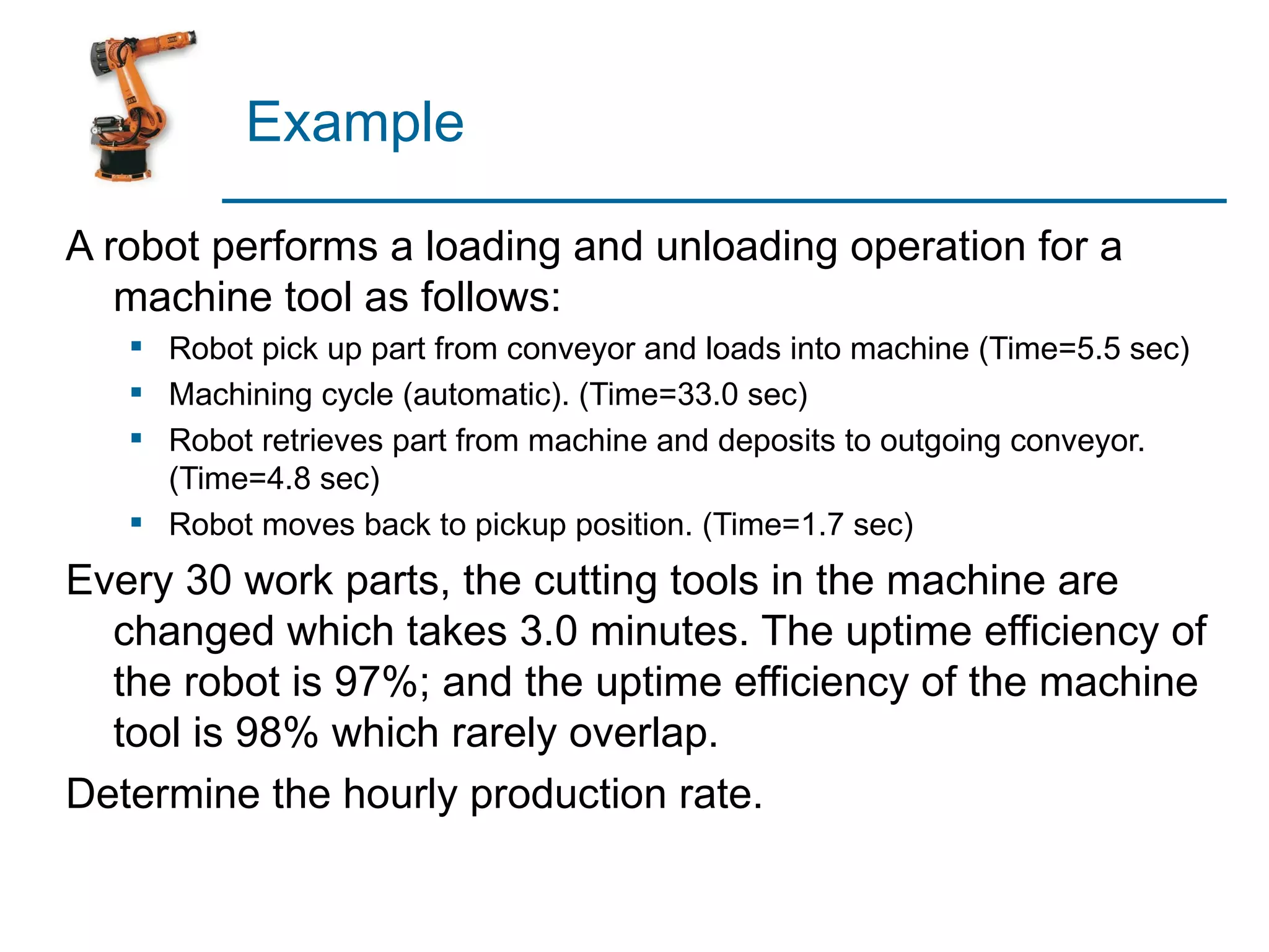 Example

A robot performs a loading and unloading operation for a
   machine tool as follows:
    Robot pick up part from conveyor and loads into machine (Time=5.5 sec)
    Machining cycle (automatic). (Time=33.0 sec)
    Robot retrieves part from machine and deposits to outgoing conveyor.
     (Time=4.8 sec)
    Robot moves back to pickup position. (Time=1.7 sec)
Every 30 work parts, the cutting tools in the machine are
  changed which takes 3.0 minutes. The uptime efficiency of
  the robot is 97%; and the uptime efficiency of the machine
  tool is 98% which rarely overlap.
Determine the hourly production rate.
 