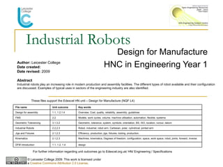 Industrial Robots Design for Manufacture HNC in Engineering Year 1 Author:  Leicester College Date created: Date revised:  2009 Abstract  Industrial robots play an increasing role in modern production and assembly facilities. The different types of robot available and their configuration are discussed. Examples of typical uses in sectors of the engineering industry are also identified. For further information regarding unit outcomes go to Edexcel.org.uk/ HN/ Engineering / Specifications These files support the Edexcel HN unit – Design for Manufacture (NQF L4) © Leicester College 2009. This work is licensed under a  Creative Commons Attribution 2.0 License .  File name Unit outcome Key words Design for assembly 1.1, 1.2,1.4 Overview, Cost, quality, reliability, assembly, guidelines FMS 2.2 Models, work cycles, volume, machine utilisation, automation, flexible, systems Geometric Tolerancing 3.1,3.2 Geometric, tolerance, system, symbols, orientation, BS, ISO, location, runout, datum Industrial Robots 2.2,2.3 Robot, industrial, robot arm, Cartesian, polar, cylindrical, jointed arm Jigs and Fixtures 2.1,2.3 Efficiency, production, jigs, fixtures, tooling, production,  Kinematics 2.1,2.3 Machines, kinematics, Degrees of freedom, configuration, space, work space, robot, joints, forward, inverse DFM introduction 1.1, 1.2, 1.4 design 