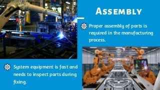 Assembly
System equipment is fast and
needs to inspect parts during
fixing.
Proper assembly of parts is
required in the manufacturing
process.
 