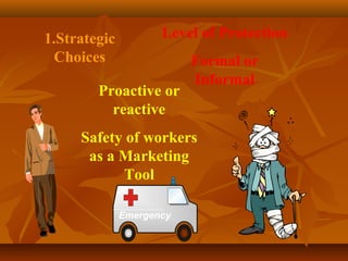1.Strategic          Level of Protection
  Choices                 Formal or
                          Informal
        Proactive or
          reactive
     Safety of workers
      as a Marketing
           Tool

              Emergency
 