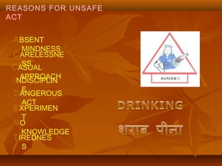 REASONS FOR UNSAFE
ACT


 A BSENT
    MINDNESS
 C ARELESSNE
    SS
 C ASUAL
    APPROACH
 I NDISCIPLIN
    E
 D ANGEROUS
    ACT
 E XPERIMEN
    T
 NO
    KNOWLEDGE
 T IREDNES
    S
 