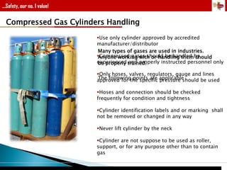 ...Safety, our no. 1 value!

Compressed Gas Cylinders Handling
Use only cylinder approved by accredited
manufacturer/distributor
Many types of gases are used in industries.
Compressed gases should be handled by
Anyone working with or handling them should
experienced trained.
be properly and properly instructed personnel only
Only hoses, valves, regulators, gauge and lines
The following points are pressure should be used
approved for the specific applicable
Hoses and connection should be checked
frequently for condition and tightness
Cylinder identification labels and or marking shall
not be removed or changed in any way
Never lift cylinder by the neck
Cylinder are not suppose to be used as roller,
support, or for any purpose other than to contain
gas

 