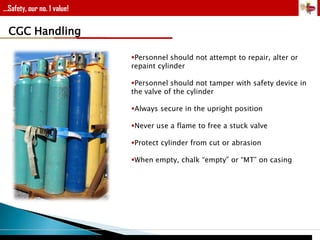 ...Safety, our no. 1 value!

CGC Handling
Personnel should not attempt to repair, alter or
repaint cylinder
Personnel should not tamper with safety device in
the valve of the cylinder
Always secure in the upright position
Never use a flame to free a stuck valve
Protect cylinder from cut or abrasion
When empty, chalk “empty” or “MT” on casing

 