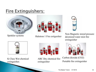 01/18/18The Master Trainer 33
Halotron 1 Fire extiguisher
Non-Magnetic stored pressure
deionized water mist fire
extinguisher
ABC Dry chemical fire
extinguisher
Carbon dioxide (CO2)
Portable fire extinguisher
K Class Wet chemical
extinguisher.
Spinkler systems
 