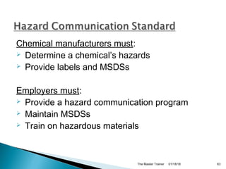 Chemical manufacturers must:
 Determine a chemical’s hazards
 Provide labels and MSDSs
Employers must:
 Provide a hazard communication program
 Maintain MSDSs
 Train on hazardous materials
01/18/18The Master Trainer 63
 