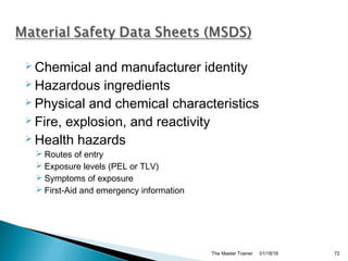  Chemical and manufacturer identity
 Hazardous ingredients
 Physical and chemical characteristics
 Fire, explosion, and reactivity
 Health hazards
 Routes of entry
 Exposure levels (PEL or TLV)
 Symptoms of exposure
 First-Aid and emergency information
01/18/18The Master Trainer 72
 