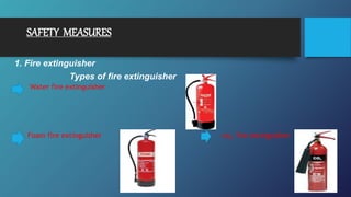 SAFETY MEASURES
1. Fire extinguisher
Types of fire extinguisher
Water fire extinguisher
Foam fire extinguisher co2 fire extinguisher
 