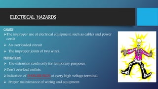 ELECTRICAL HAZARDS
CAUSES
The improper use of electrical equipment, such as cables and power
cords
 An overloaded circuit
 The improper joints of two wires.
PREVENTIONS
 Use extension cords only for temporary purposes.
Don't overload outlets.
Indication of DANGER SIGN at every high voltage terminal.
 Proper maintenance of wiring and equipment.
 