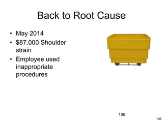 106
Back to Root Cause
• May 2014
• $87,000 Shoulder
strain
• Employee used
inappropriate
procedures
106
 