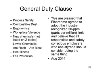 108
General Duty Clause
– Process Safety
– Combustible Dust
– Ergonomics
– Workplace Violence
– New chemicals (not
listed on Z tables)
– Lower Chemicals
– Arc Flash – Arc Blast
– Heat Illness
– Fall Protection
• “We are pleased that
Fiberdome agreed to
adopt the industry
recognized 50-ppm
(parts per million) limit
and believe that all
responsible and safety
conscious employers
who use styrene should
consider doing the
same thing.
• Aug 2014
 