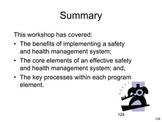 124
124
Summary
This workshop has covered:
• The benefits of implementing a safety
and health management system;
• The core elements of an effective safety
and health management system; and,
• The key processes within each program
element.
 
