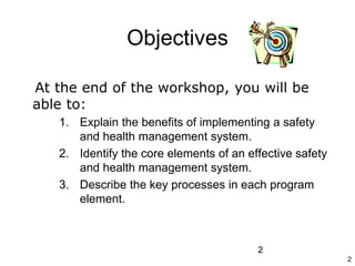 2
2
Objectives
At the end of the workshop, you will be
able to:
1. Explain the benefits of implementing a safety
and health management system.
2. Identify the core elements of an effective safety
and health management system.
3. Describe the key processes in each program
element.
 