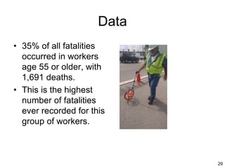 29
Data
• 35% of all fatalities
occurred in workers
age 55 or older, with
1,691 deaths.
• This is the highest
number of fatalities
ever recorded for this
group of workers.
 