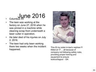 33
June 2016• Columbus WI
• The teen was working at the
factory on June 27, 2016 when he
was pinned in a machine while
cleaning scrap from underneath a
laser cutter in operation.
• He later died of his injuries on July
2, 2016.
• The teen had only been working
there two weeks when the incident
happened.
This IS my sister-in-law's nephew !!!
Killed at 17 ... all because of
company not following safety rules,
providing proper training and
equipment to ensure
lockout/tagout - DA
 