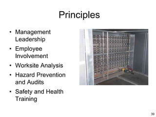 39
Principles
• Management
Leadership
• Employee
Involvement
• Worksite Analysis
• Hazard Prevention
and Audits
• Safety and Health
Training
 