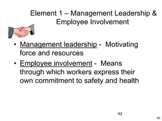 42
42
Element 1 – Management Leadership &
Employee Involvement
• Management leadership - Motivating
force and resources
• Employee involvement - Means
through which workers express their
own commitment to safety and health
 