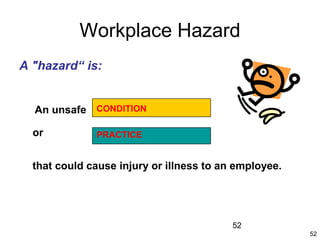 52
52
Workplace Hazard
A "hazard“ is:
An unsafe
that could cause injury or illness to an employee.
or
CONDITION
PRACTICE
 
