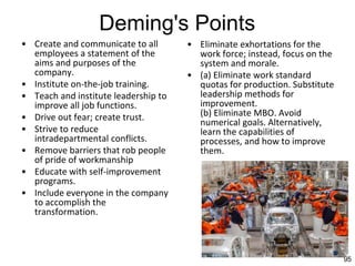 95
Deming's Points
• Create and communicate to all
employees a statement of the
aims and purposes of the
company.
• Institute on-the-job training.
• Teach and institute leadership to
improve all job functions.
• Drive out fear; create trust.
• Strive to reduce
intradepartmental conflicts.
• Remove barriers that rob people
of pride of workmanship
• Educate with self-improvement
programs.
• Include everyone in the company
to accomplish the
transformation.
• Eliminate exhortations for the
work force; instead, focus on the
system and morale.
• (a) Eliminate work standard
quotas for production. Substitute
leadership methods for
improvement.
(b) Eliminate MBO. Avoid
numerical goals. Alternatively,
learn the capabilities of
processes, and how to improve
them.
 