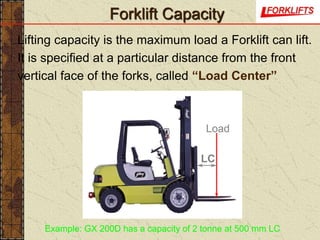 Forklift Capacity
Lifting capacity is the maximum load a Forklift can lift.
It is specified at a particular distance from the front
vertical face of the forks, called “Load Center”
LC
Load
Example: GX 200D has a capacity of 2 tonne at 500 mm LC
 