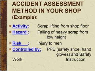 ACCIDENT ASSESSMENT
METHOD IN YOUR SHOP
(Example):
Activity: Scrap lifting from shop floor
Hazard : Falling of heavy scrap from
low height
Risk : Injury to men
Controlled by: PPE (safety shoe, hand
gloves) and Safety
Work Instruction
 