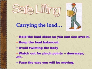 Carrying the load…
• Hold the load close so you can see over it.
• Keep the load balanced.
• Avoid twisting the body
• Watch out for pinch points -- doorways,
etc.
• Face the way you will be moving.
 